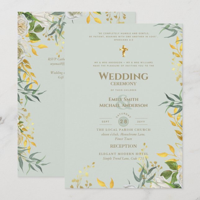 All-in-1 Sage Gold Greenery Catholic Wedding Invitation (Front/Back)