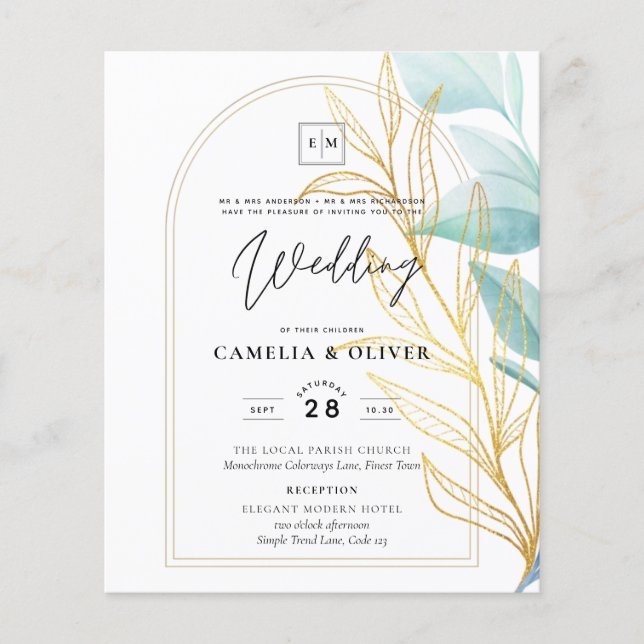 All-in-1 Sea Glass Aqua Green Gold Leaves Wedding  Flyer (Front)