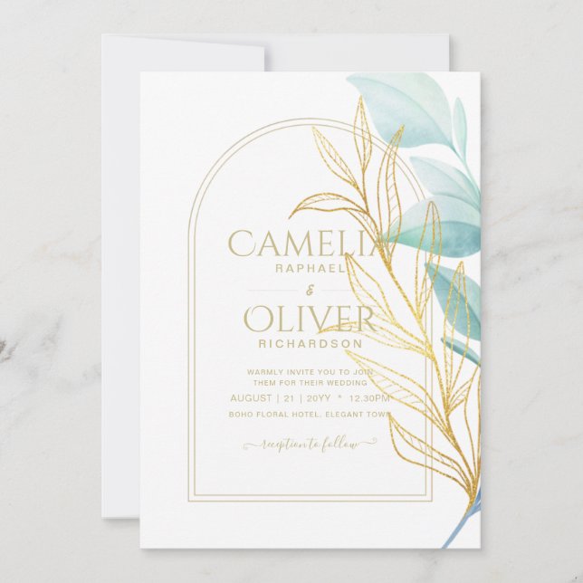 All-in-1 Sea Glass Aqua Green Gold Leaves Wedding  Invitation (Front)
