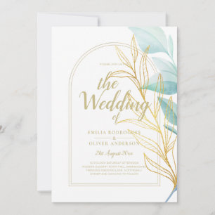 All-in-1 Sea Glass Aqua Green Gold Leaves Wedding  Invitation