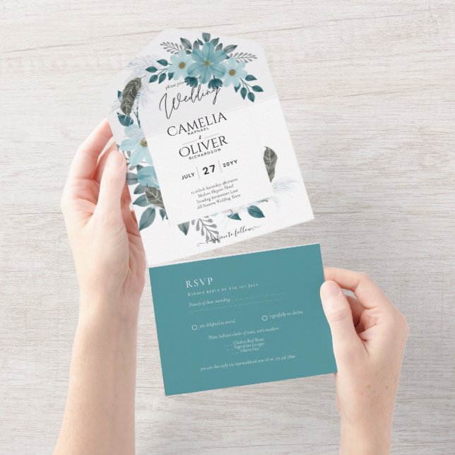 All-in-1 Sea Glass Teal Floral Invite and RSVP (Tearaway)