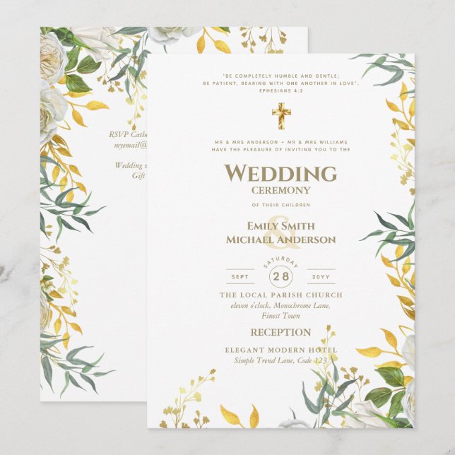 All-in-1 White Gold Greenery Catholic Wedding Invitation (Front/Back)