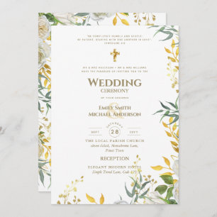 All-in-1 White Gold Greenery Catholic Wedding Invitation