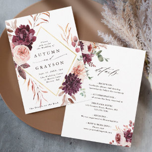 All In One Autumn Romance Burgundy Wedding Invitation