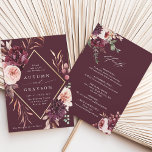All In One Autumn Romance Burgundy Wedding Invitation<br><div class="desc">This wedding invitation features a watercolor flower wreath of dahlias, garden roses, and peony in burgundy red, maroon, and blush pink over fall leaves with a faux gold diamond shape frame and wedding details on the back. For more advanced customisation of this design, please click the BLUE DESIGN TOOL BUTTON....</div>