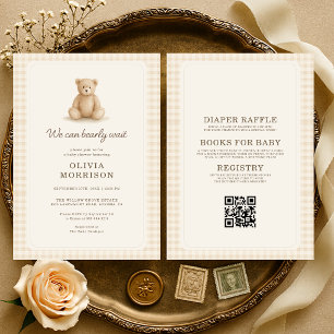 All in One Bearly Wait Neutral Gingham Baby Shower Invitation