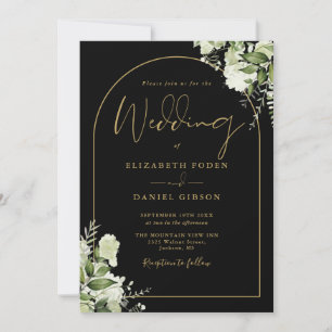 All In One Black And Gold Floral Photo Wedding Invitation