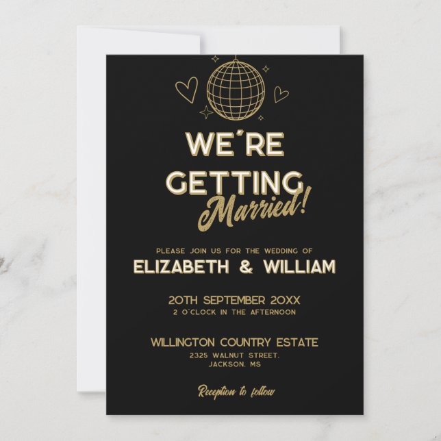 All In One Black And Gold Groovy Disco Wedding Invitation (Front)