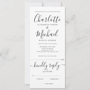 All In One Black And White Elegant Script Wedding Invitation