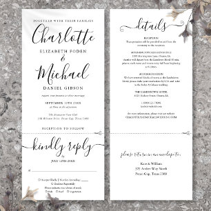 All In One Black And White Elegant Script Wedding Invitation