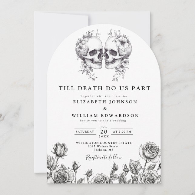 All In One Black And White Gothic Skulls Wedding Invitation (Front)