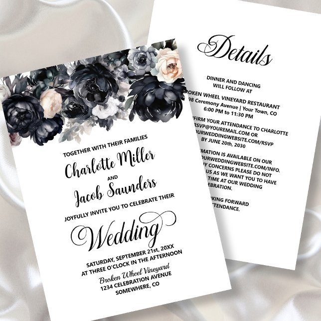 All In One Black Floral Wedding Invitation (Creator Uploaded)
