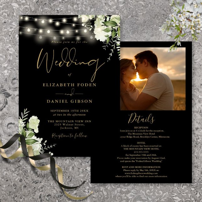 All In One Black Gold Greenery Light Photo Wedding Invitation (All In One Black Gold Greenery Light Photo Wedding Invitation)