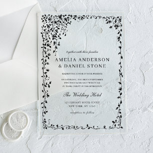 All in One Black Minimal Leaf Wedding  Acrylic Invitations