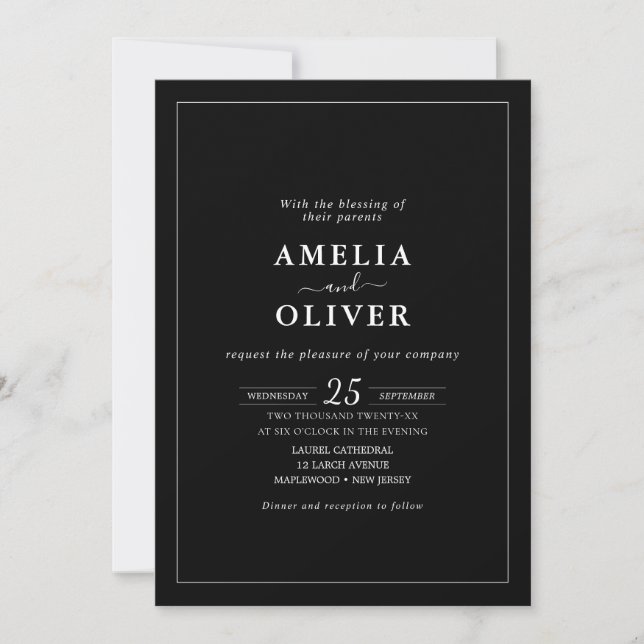 All In One Black Minimalist Wedding Details Invitation (Front)