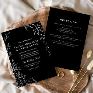 All in One Black & White Minimal Leaf Wedding Invitation
