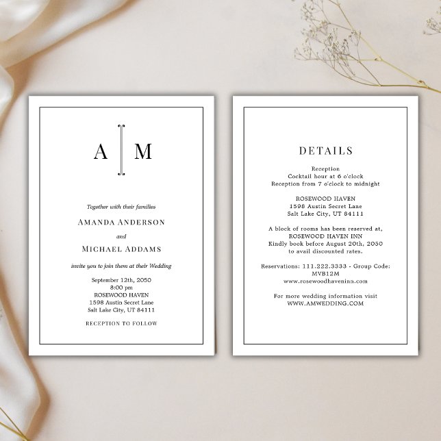 All-In-One Black White Monogram Minimal Wedding Invitation (Creator Uploaded)