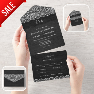 All In One Black Wood Lace Wedding with RSVP All In One Invitation