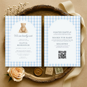 All in One Blue Gingham We Can Bearly Wait  Invitation