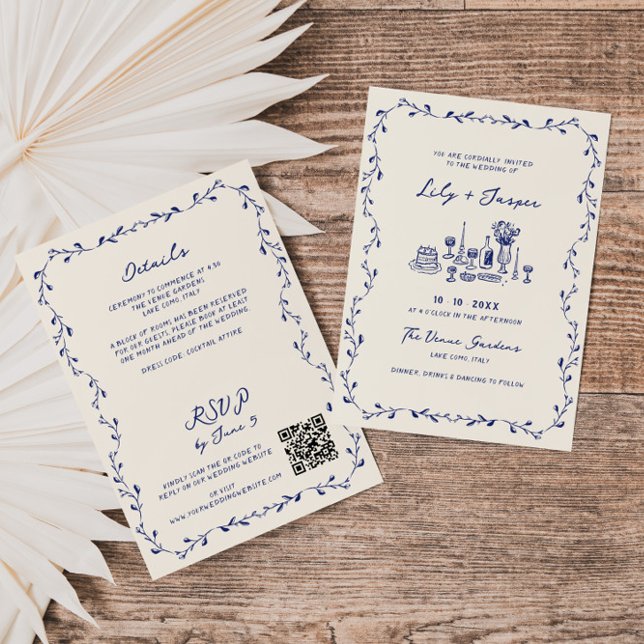 All In One Blue Hand Drawn QR Code Wedding Invitation (Creator Uploaded)