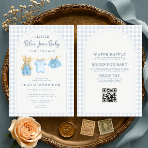 All in One Blue Jean Baby Teddy Bear Baby Shower  Invitation