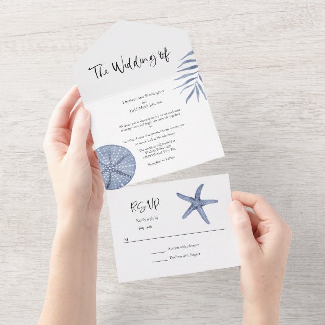 All in One Blue Nautical Watercolor Wedding Invite (Tearaway)
