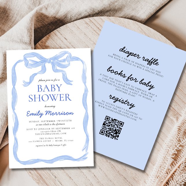 All in One Blue Ribbon Bow Boy Baby Shower Invitation (Creator Uploaded)