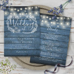 All In One Blue Rustic Wood String Lights Wedding Invitation<br><div class="desc">A rustic wedding invitation featuring pretty string lights and a delicate hand-drawn rustic floral garland of botanical leaf foliage with stylish script typography,  on a blue rustic wood background. Personalise with all your special wedding day information on the reverse including your RSVP,  accommodation,  and additional details. Designed by Thisisnotme©</div>