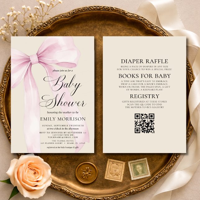 All in One Blush Pink Bow Linen Baby Shower Invitation (Creator Uploaded)