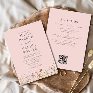 All in One Blush Pink QR Code Wildflower Wedding  Invitation