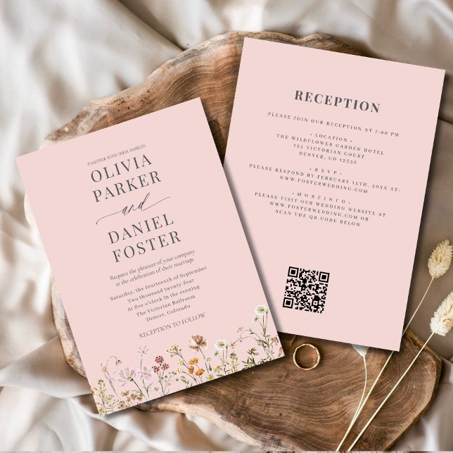 All in One Blush Pink QR Code Wildflower Wedding  Invitation (Creator Uploaded)