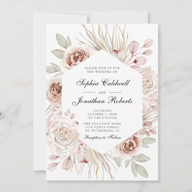 All in One Boho Blush Pink Roses Palm Leaf Wedding Invitation (Front)