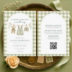 All in One Boho Sage Green Gingham Baby Shower Invitation