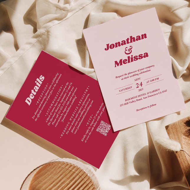 All in one Bold Retro Viva Magenta QR Code Wedding Invitation (Creator Uploaded)