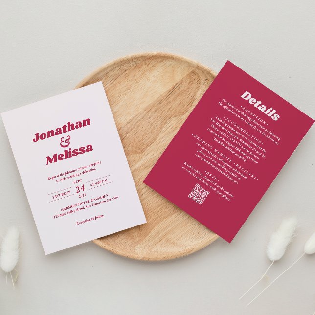 All in one Bold Retro Viva Magenta QR Code Wedding Invitation (Creator Uploaded)