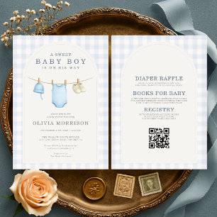 All in One Boy Clothesline Gingham Baby Shower Invitation