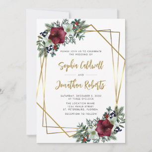 All in One Burgundy Amaryllis Gold Floral Wedding Invitation