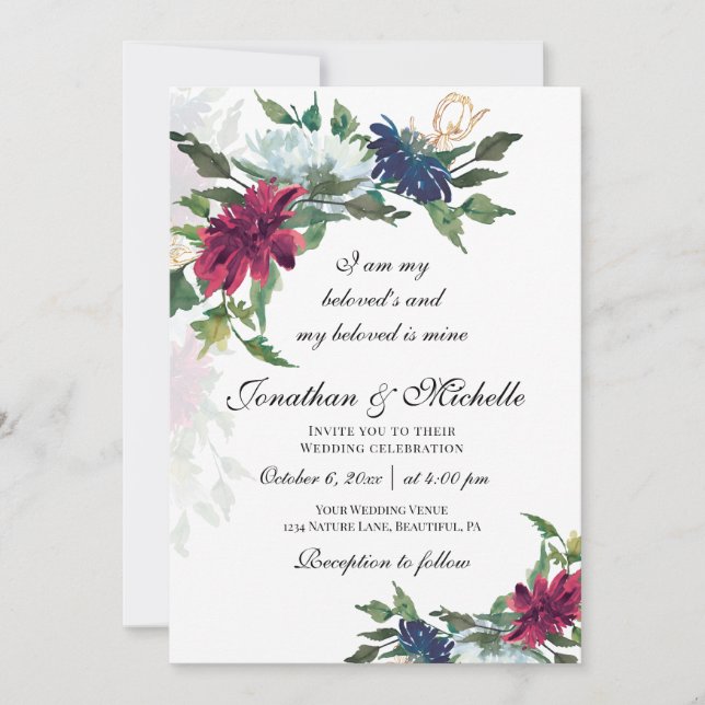 All in One Burgundy Blue Floral Christian Wedding Invitation (Front)