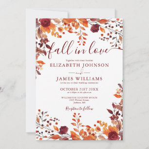 All In One Burgundy Fall In Love Floral Wedding Invitation