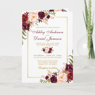 All In One Burgundy Floral Gold Wedding Invitation