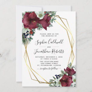 All in One Burgundy Floral Gold Winter Wedding  Invitation