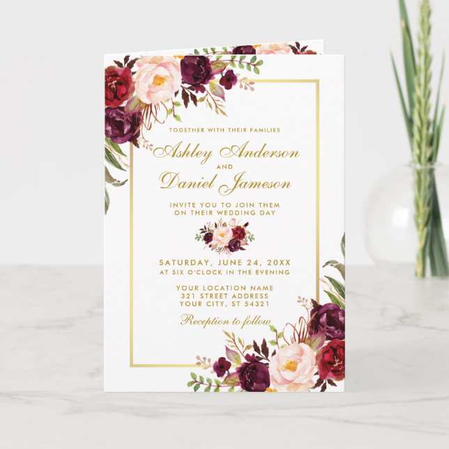 All In One Burgundy Floral Wedding Gold Invitation (Front)