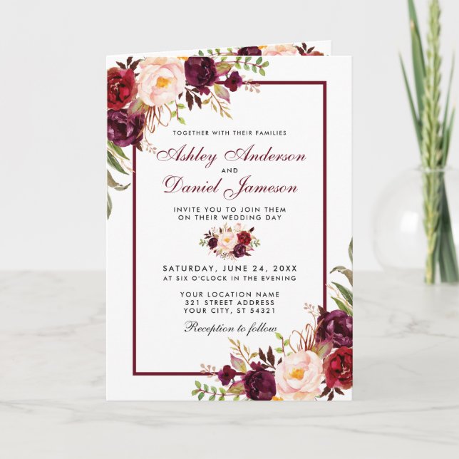 All In One Burgundy Floral Wedding Invitation (Front)