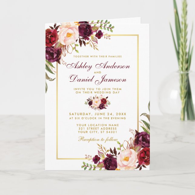 All In One Burgundy Floral Wedding Photo Invite (Front)