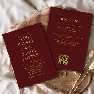 All in One Burgundy Gold QR Code Wedding Invitation
