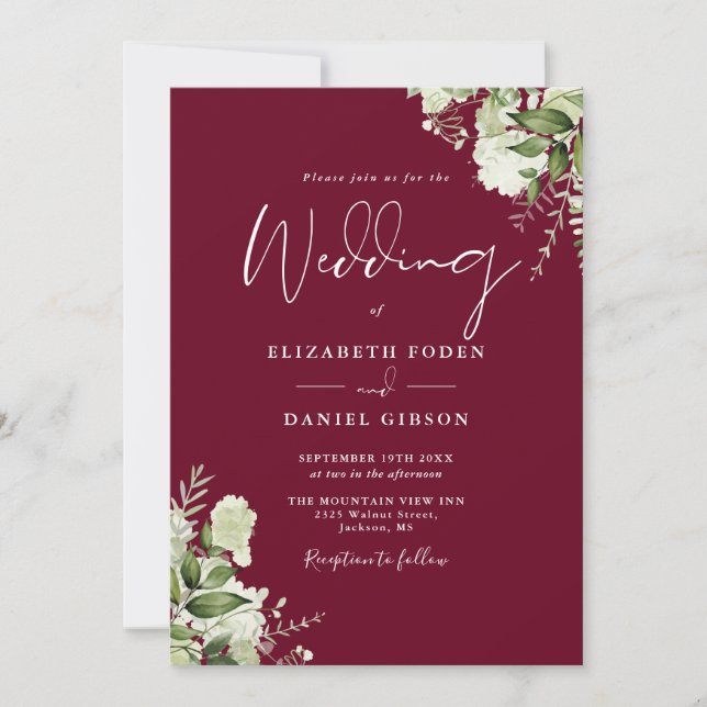 All In One Burgundy Greenery Floral Wedding Invitation (Front)