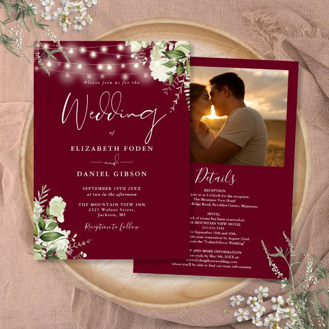All In One Burgundy Greenery Light Photo Wedding Invitation (All In One Burgundy Greenery Light Photo Wedding Invitation)