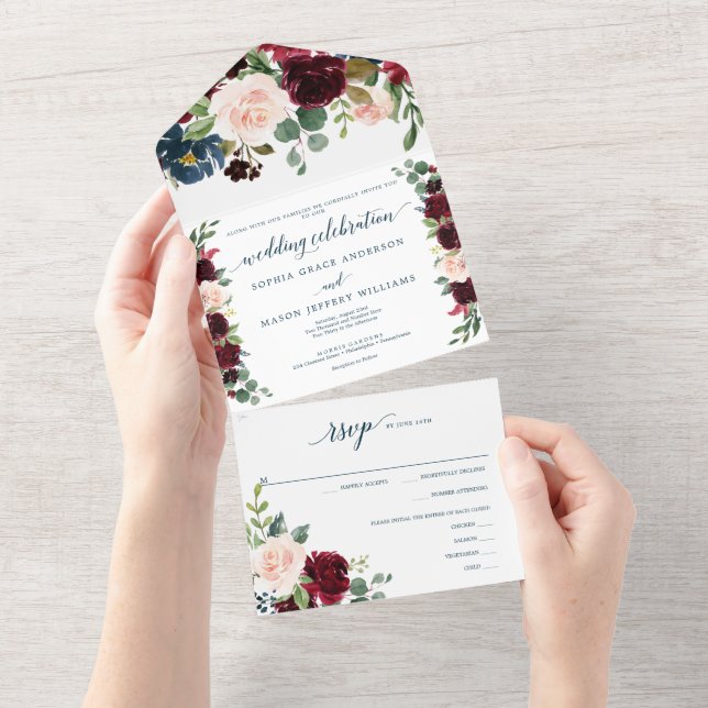 All in One Burgundy Navy Rustic Wedding Invite (Tearaway)