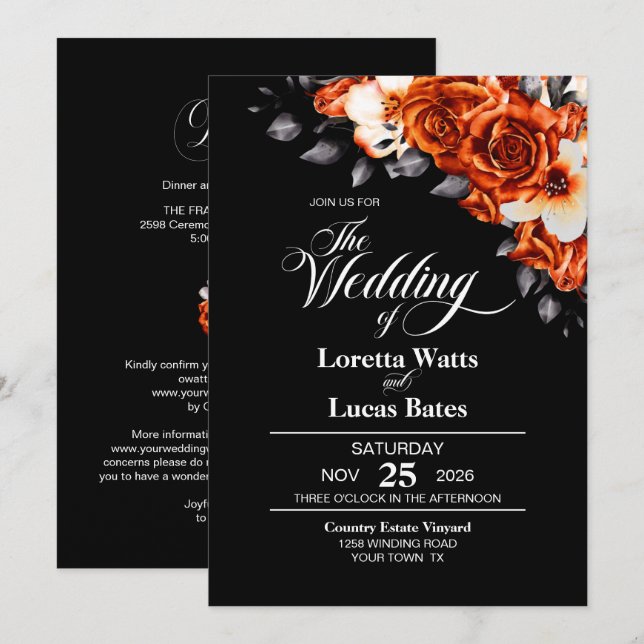All In One Burnt Orange Rose Floral Black Wedding Invitation (Front/Back)