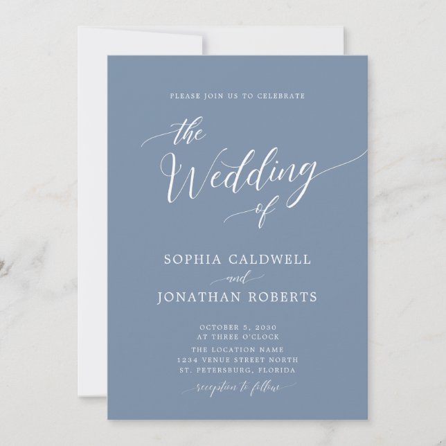 All in One Calligraphy Trendy Dusty Blue Wedding Invitation (Front)